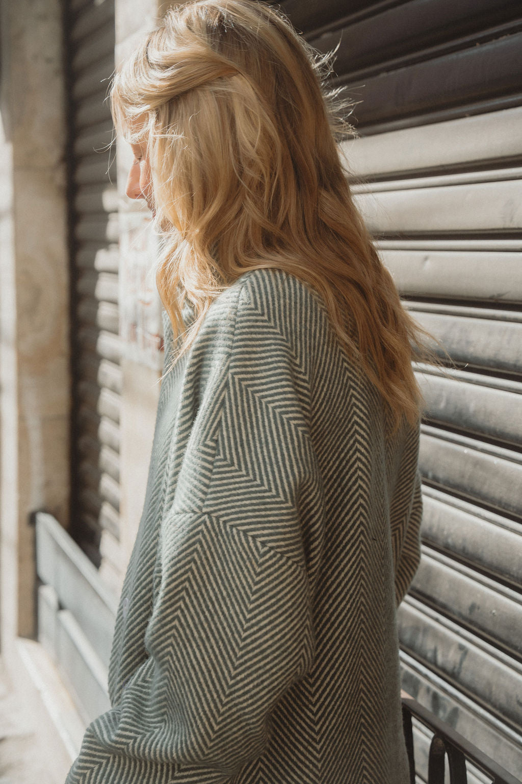 Portuguese Wool Pieper Coat in Teal and Cream Thin Stripe Made to Order