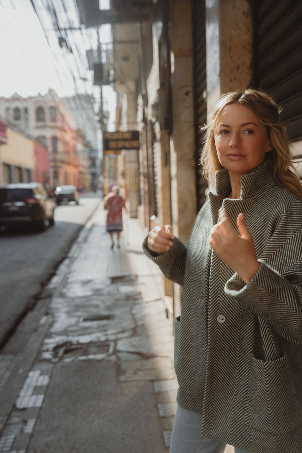 Portuguese Wool Pieper Coat in Teal and Cream Thin Stripe Made to Order
