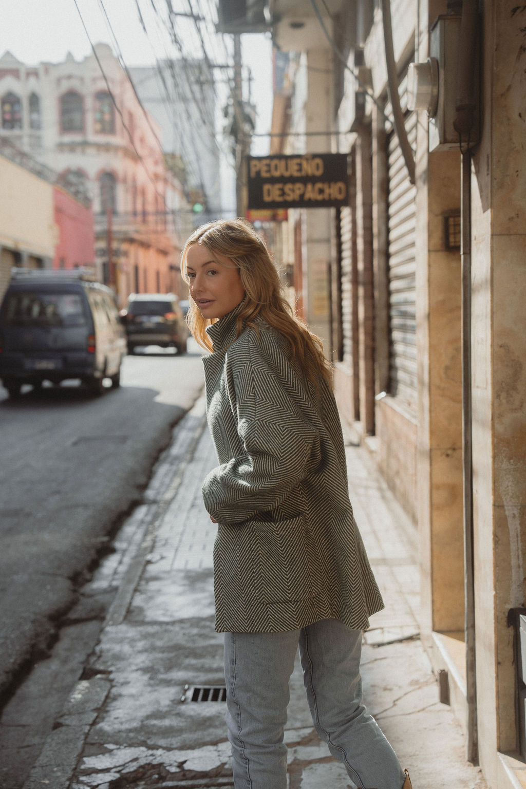 Portuguese Wool Pieper Coat in Teal and Cream Thin Stripe Made to Order