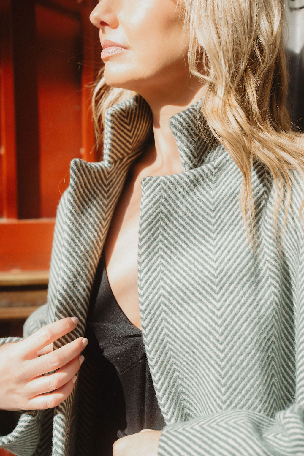 Portuguese Wool Pieper Coat in Teal and Cream Thin Stripe Made to Order