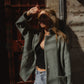 Portuguese Wool Pieper Coat in Teal and Cream Thin Stripe Made to Order