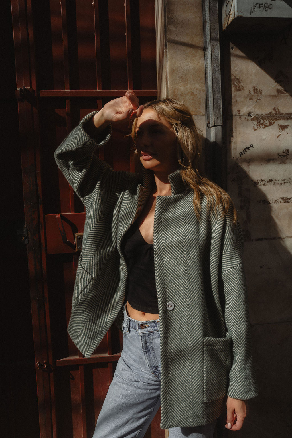 Portuguese Wool Pieper Coat in Teal and Cream Thin Stripe Made to Order