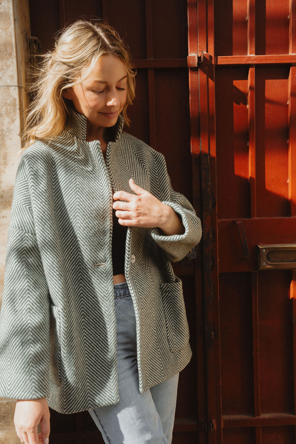 Portuguese Wool Pieper Coat in Teal and Cream Thin Stripe Made to Order