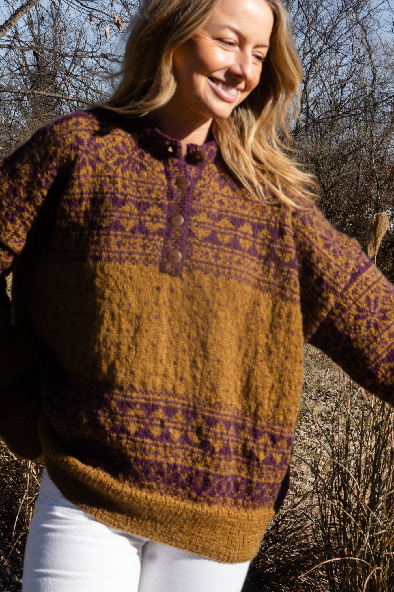 Imogene Oversized Wool Henley in Snowflake Print