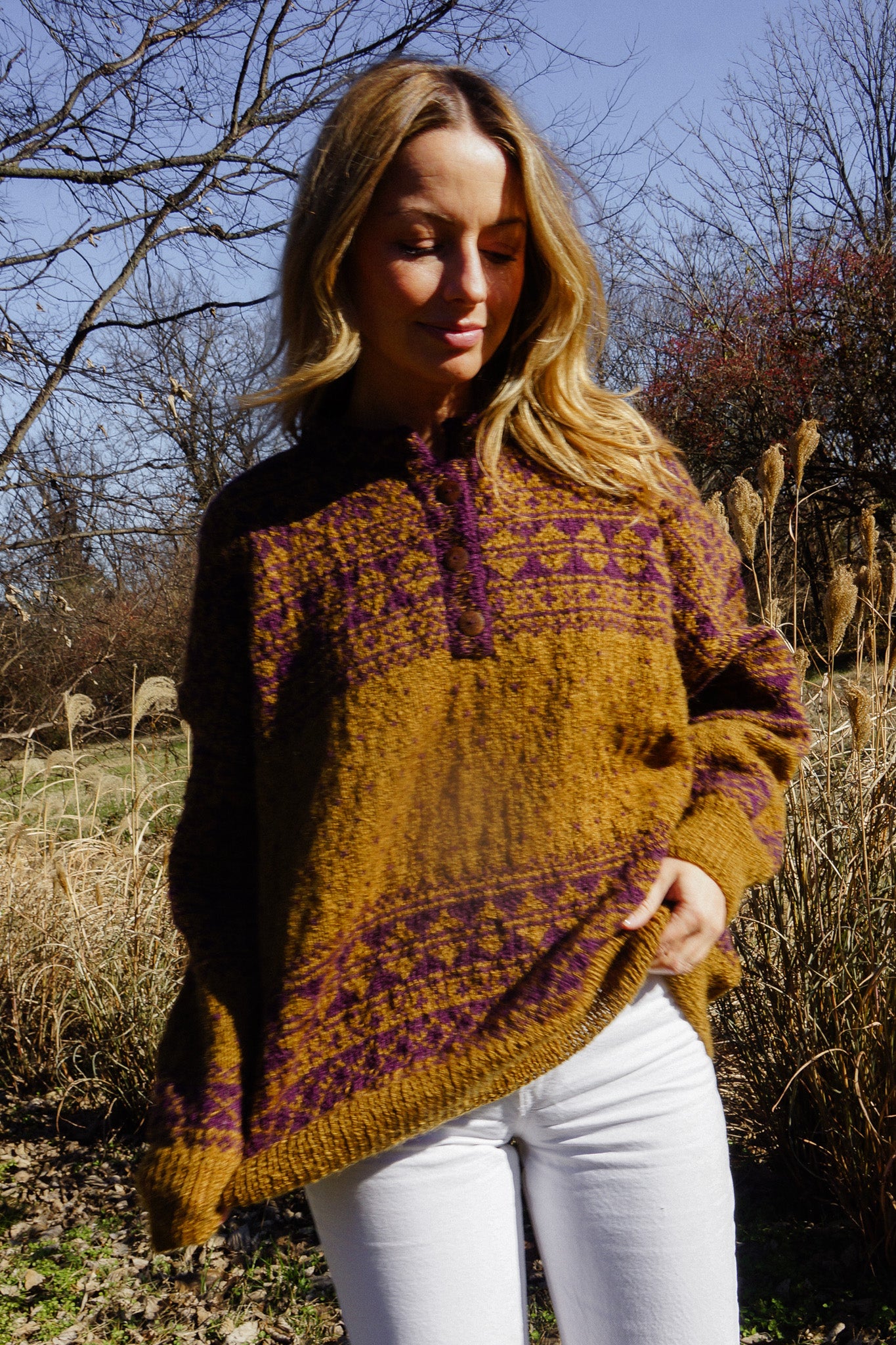 Imogene Oversized Wool Henley in Snowflake Print