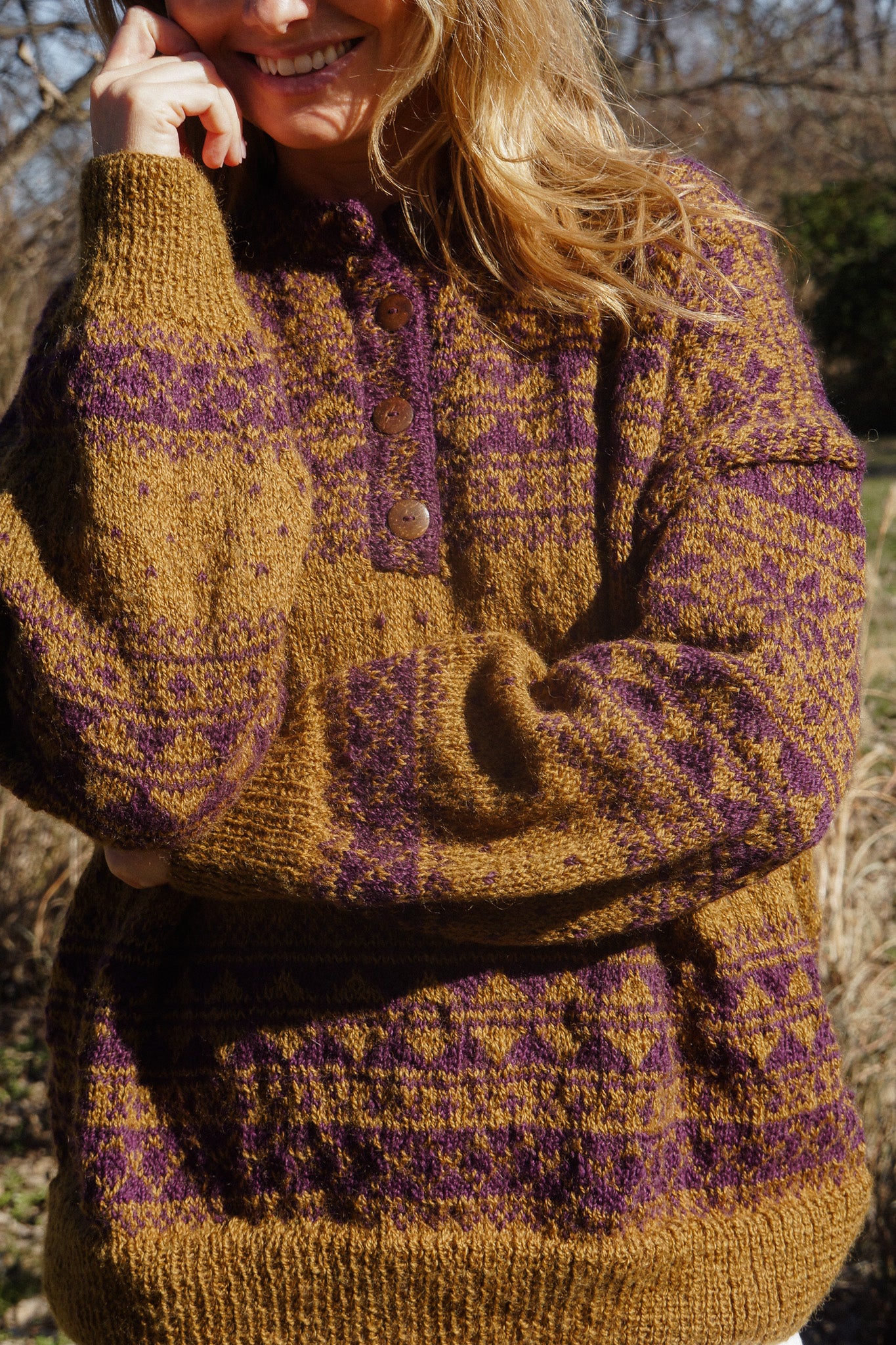 Imogene Oversized Wool Henley in Snowflake Print