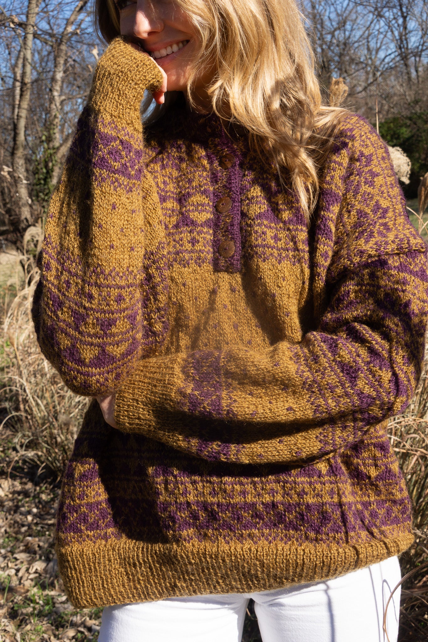 Imogene Oversized Wool Henley in Snowflake Print