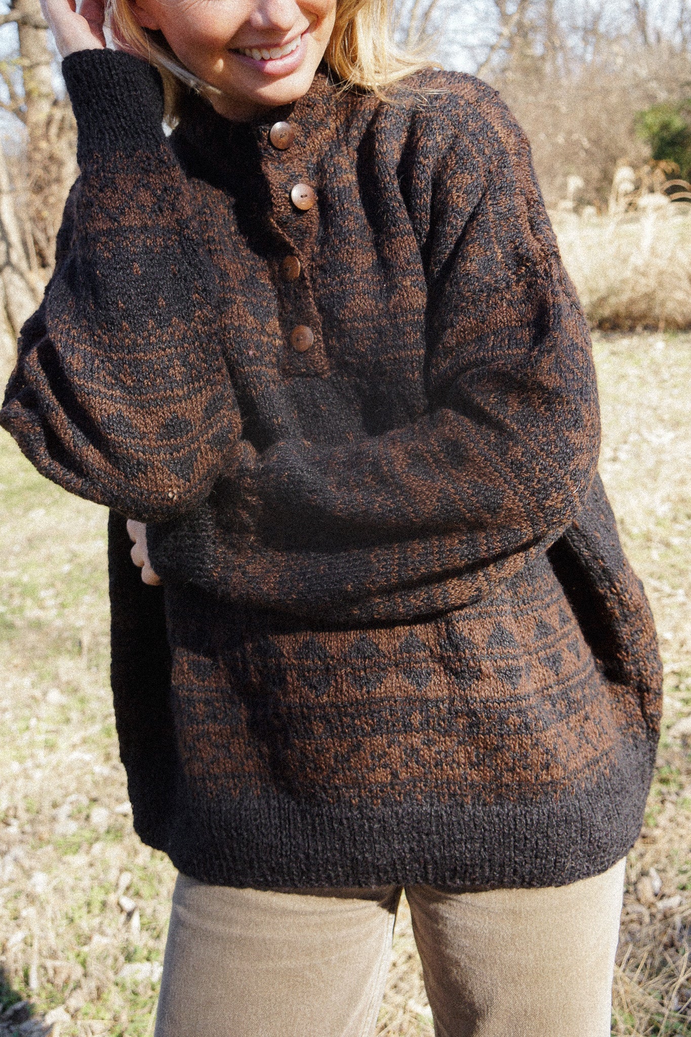 Imogene Oversized Wool Henley in Snowflake Print