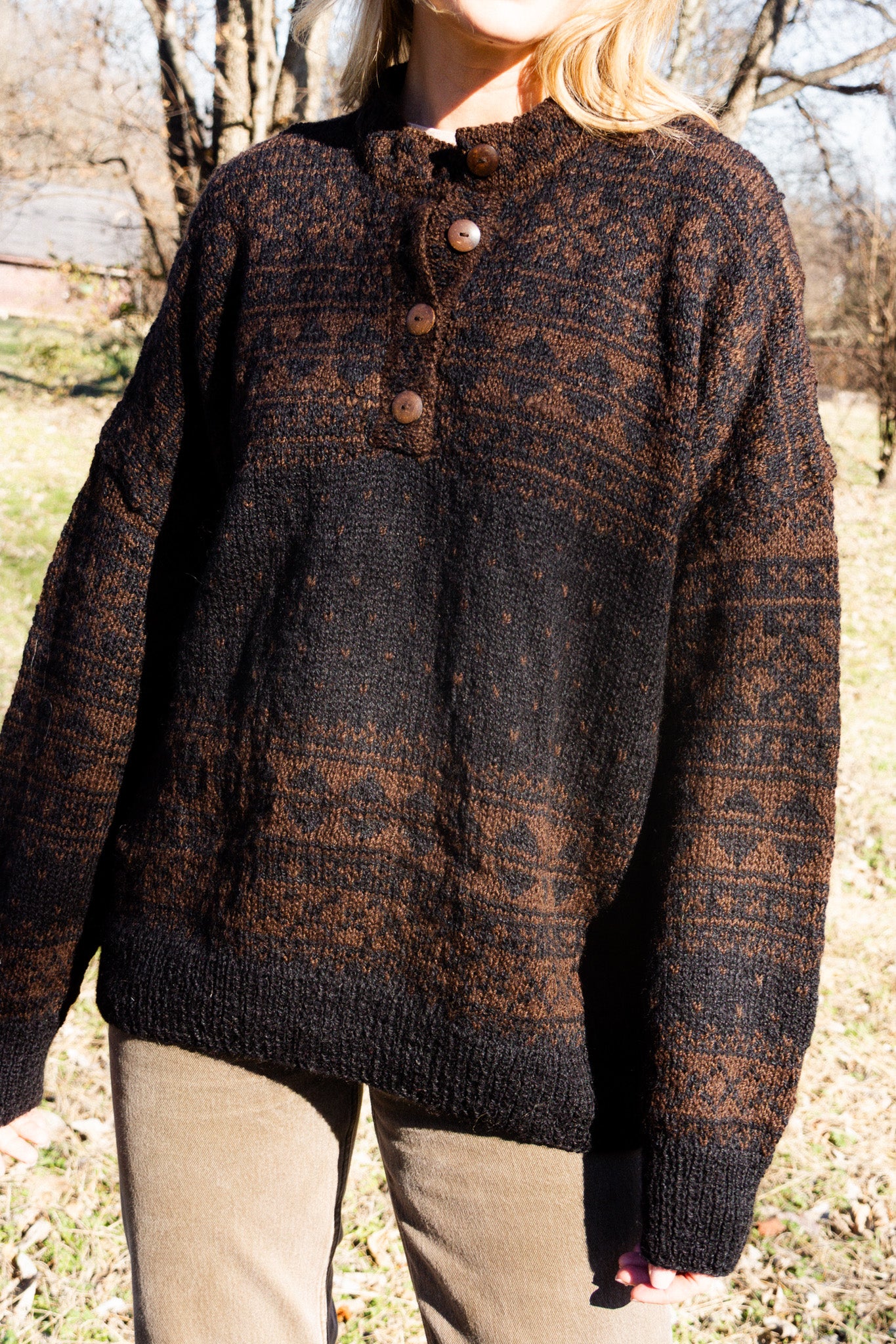 Imogene Oversized Wool Henley in Snowflake Print