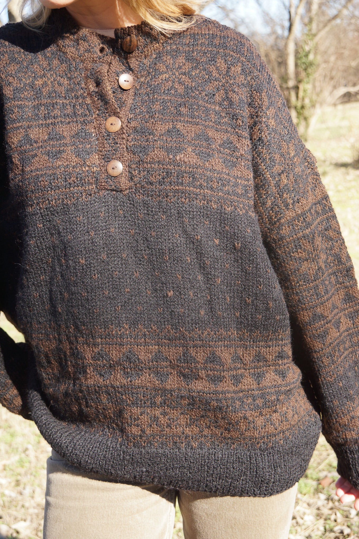 Imogene Oversized Wool Henley in Snowflake Print