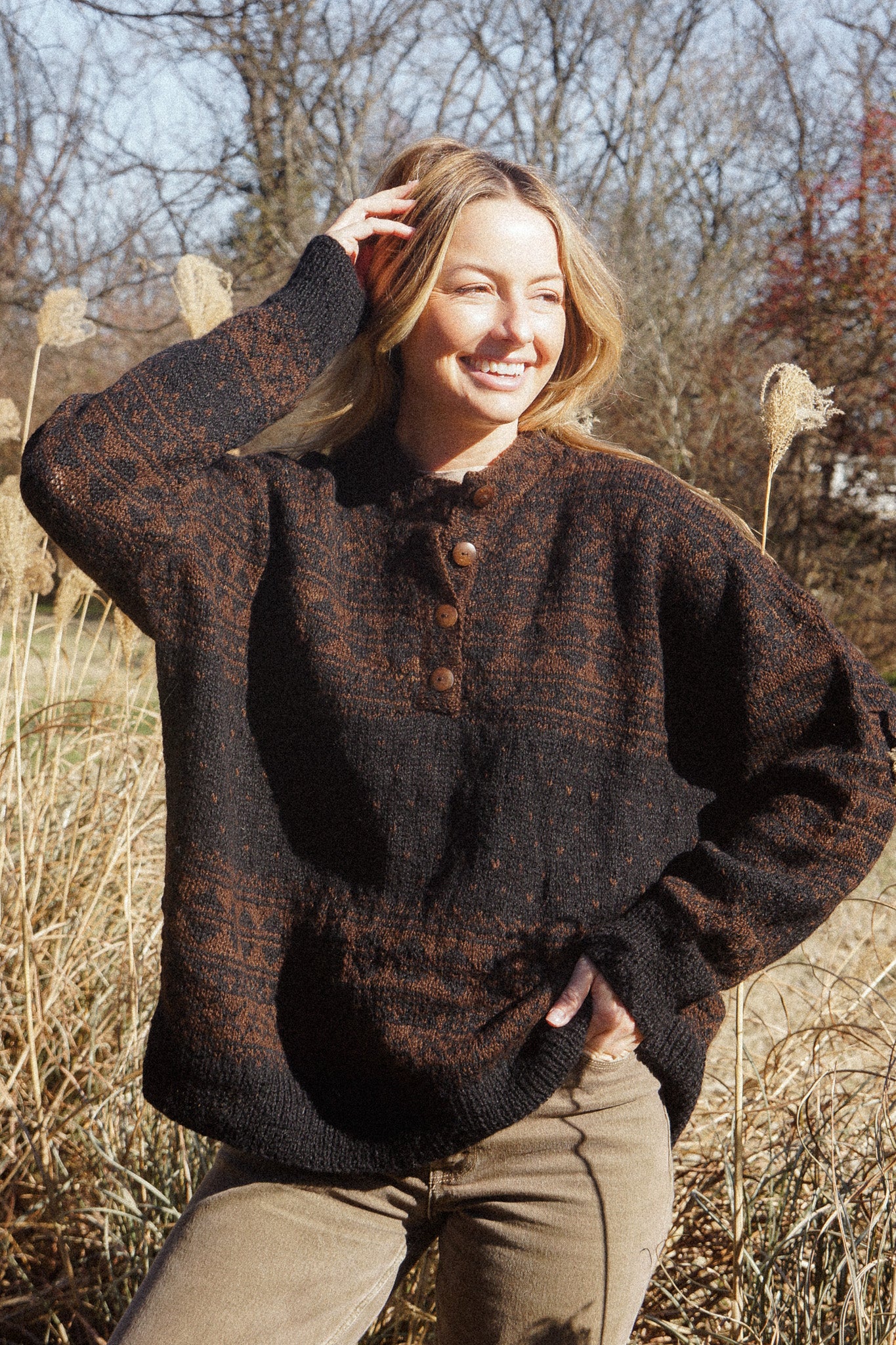 Imogene Oversized Wool Henley in Snowflake Print