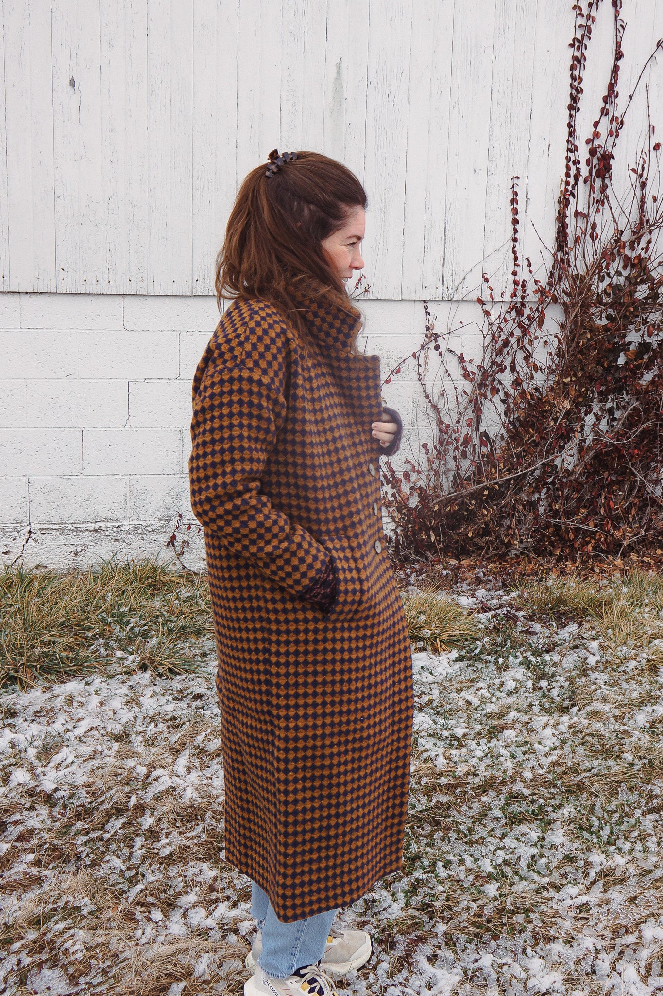 Portuguese Wool Polly Coat in Brown and Navy Check Made to Order