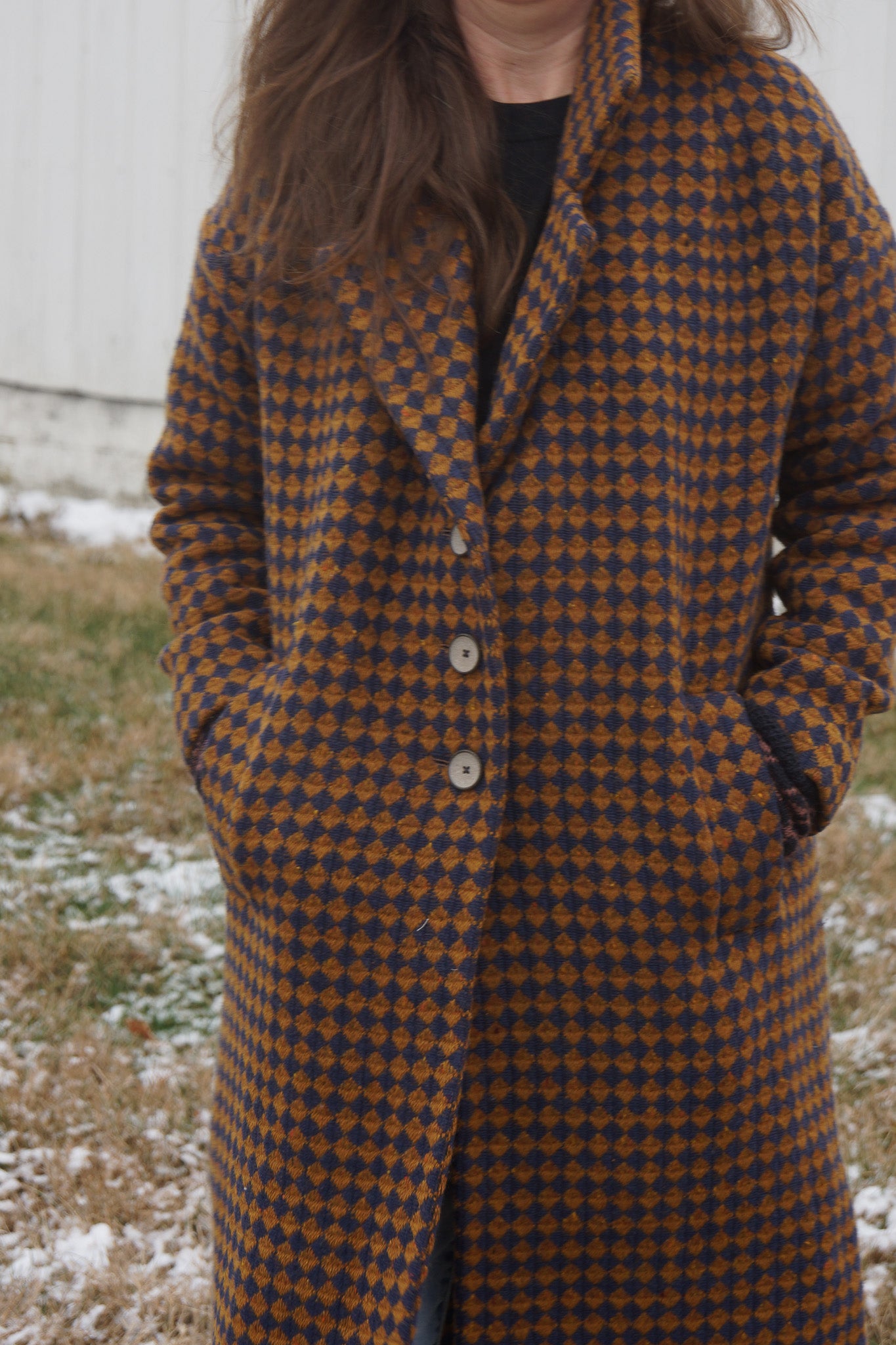Portuguese Wool Polly Coat in Brown and Navy Check Made to Order