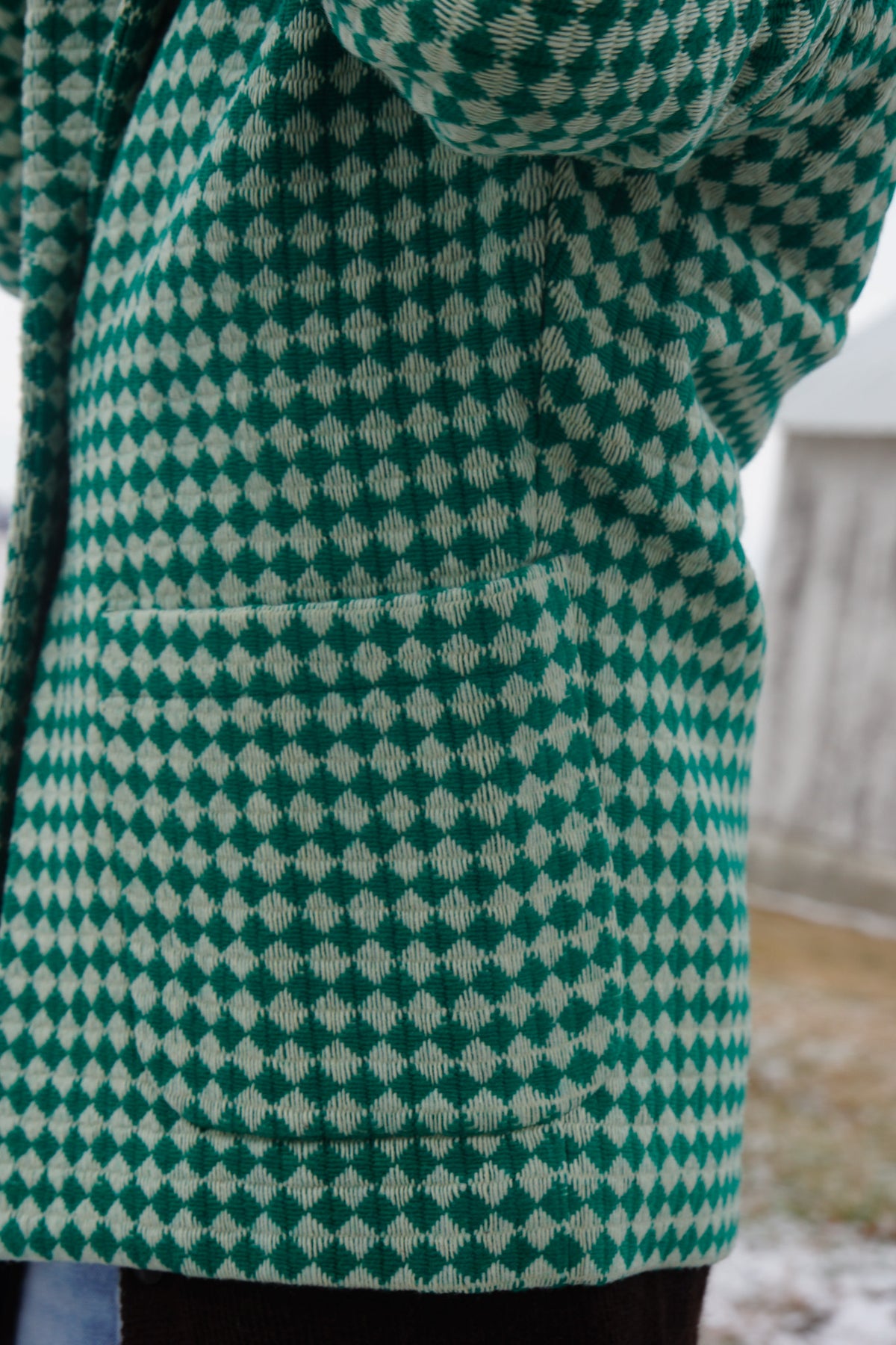 Portuguese Wool Pieper Coat in Green and Cream Check Made to Order February