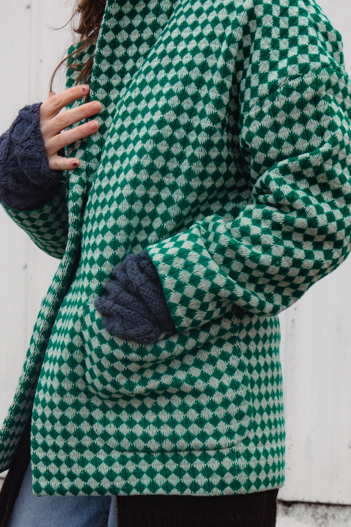 Portuguese Wool Pieper Coat in Green and Cream Check Made to Order February