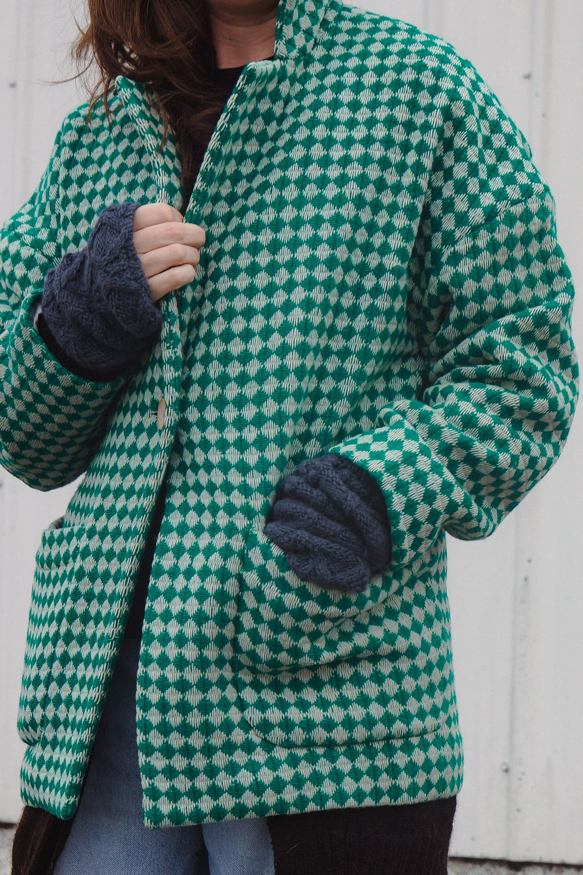 Portuguese Wool Pieper Coat in Green and Cream Check Made to Order February