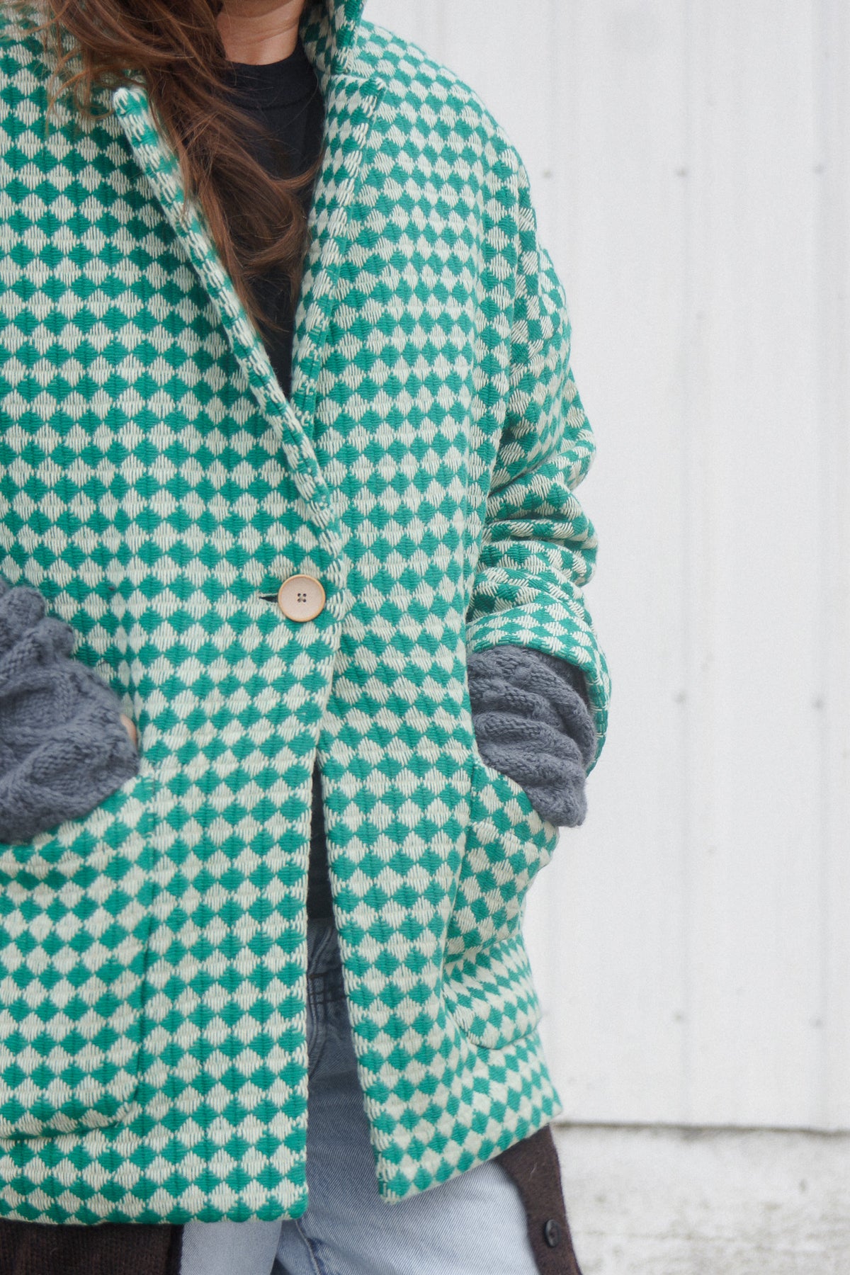 Portuguese Wool Pieper Coat in Green and Cream Check Made to Order February