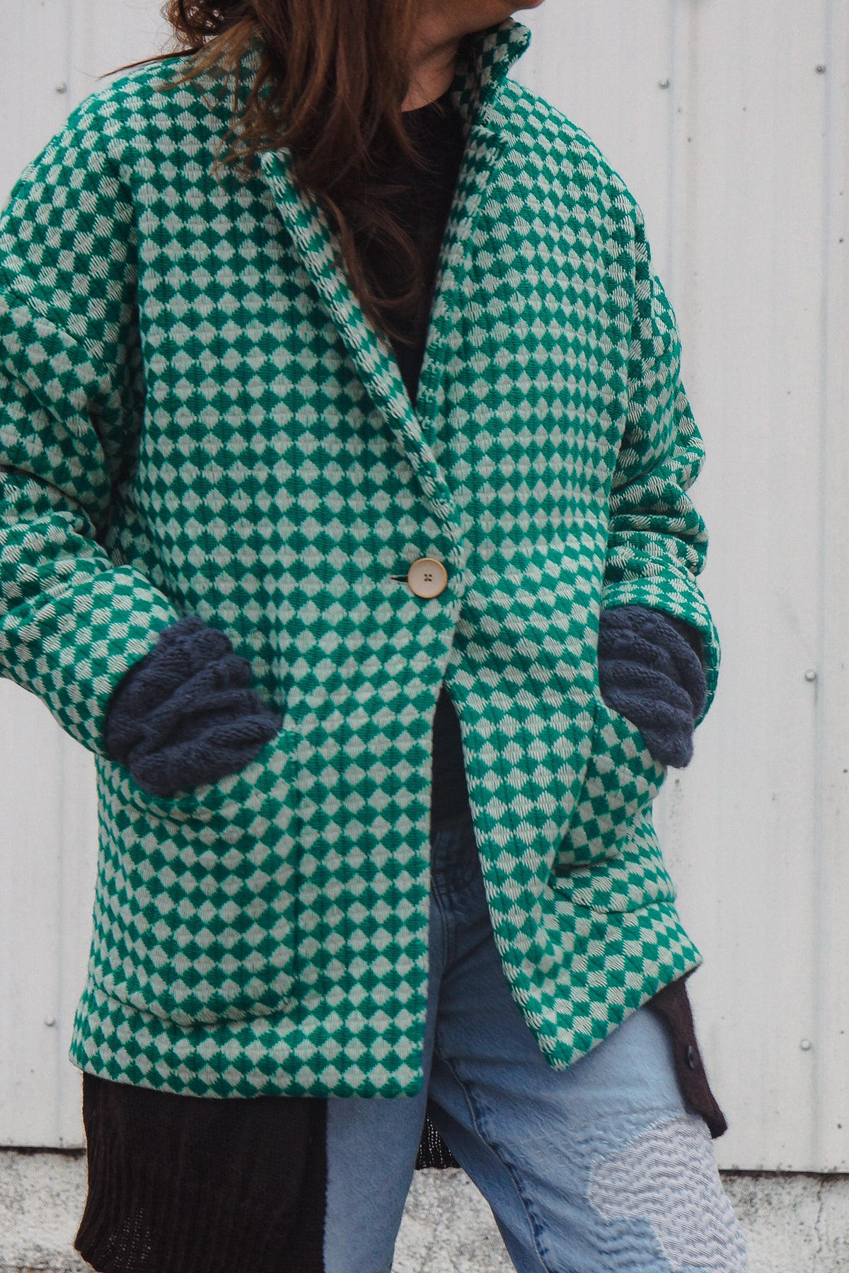 Portuguese Wool Pieper Coat in Green and Cream Check Made to Order February