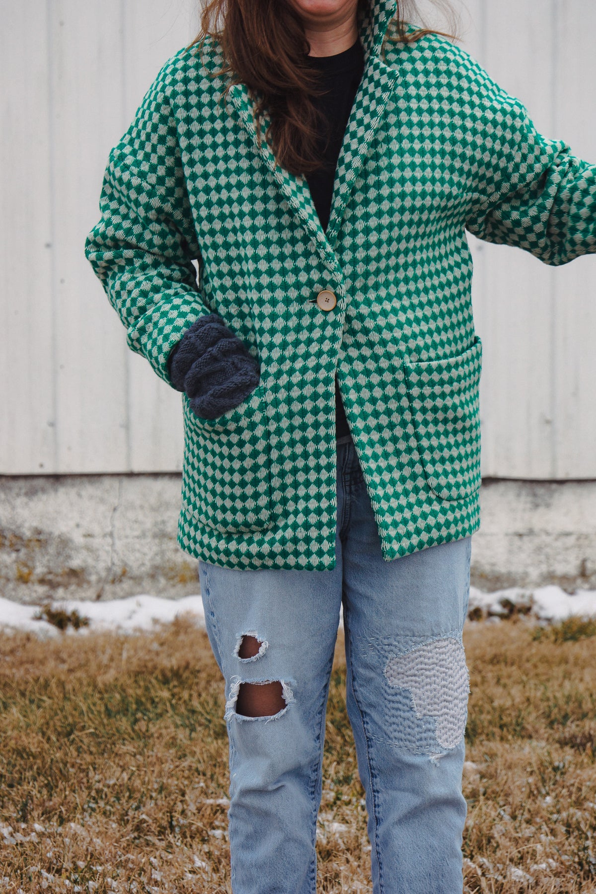 Portuguese Wool Pieper Coat in Green and Cream Check Made to Order February
