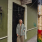 Portuguese Wool Pieper Coat in Teal and Cream Thin Stripe Made to Order