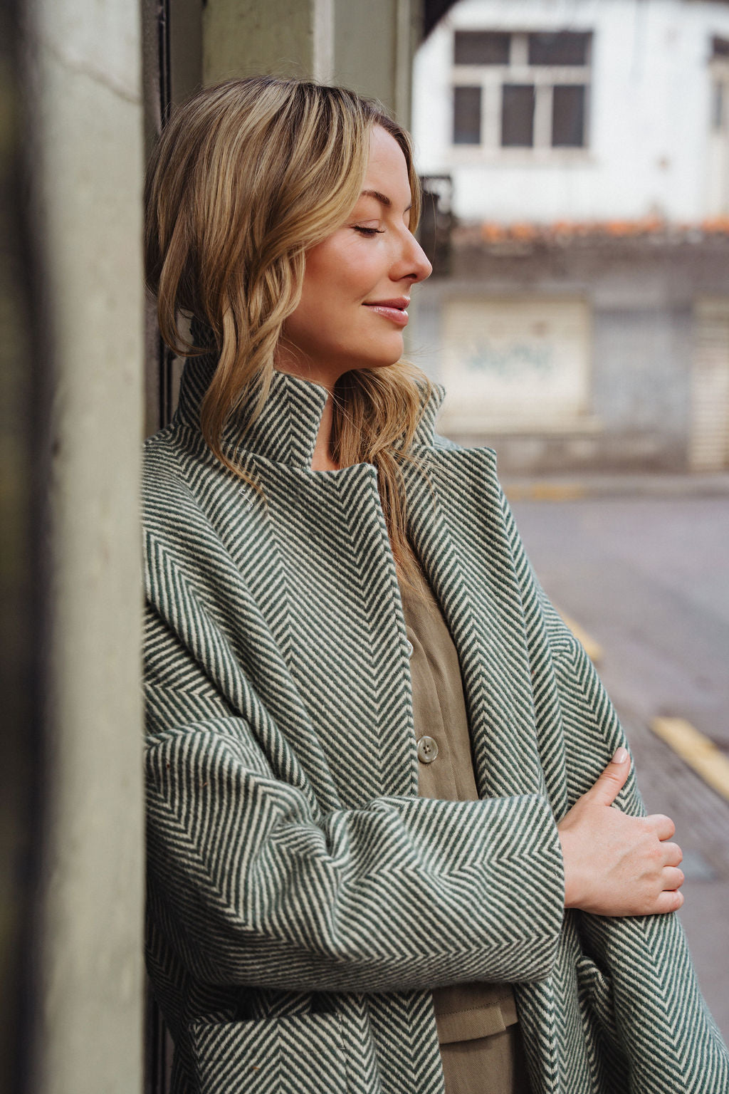 Portuguese Wool Pieper Coat in Teal and Cream Thin Stripe Made to Order