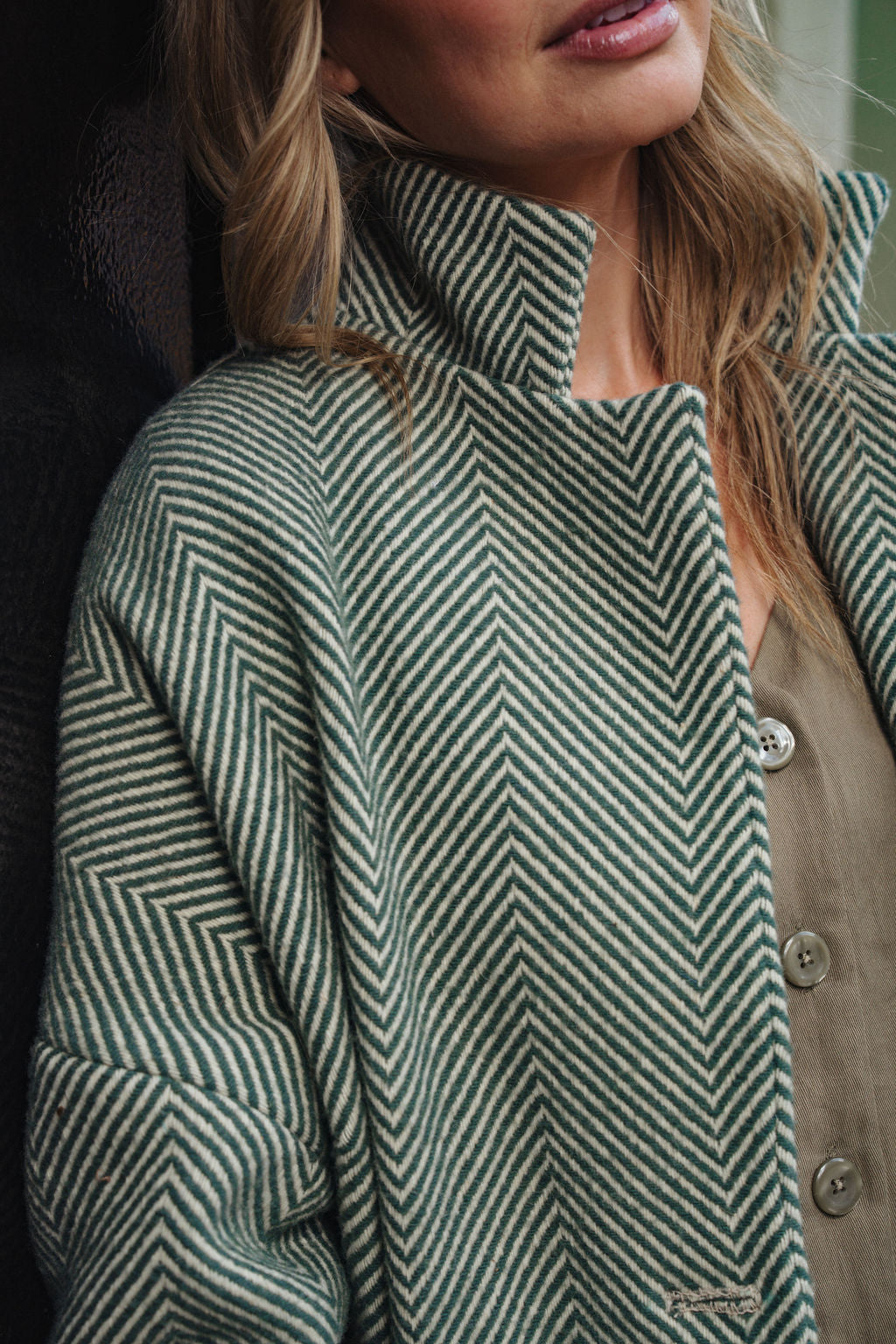 Portuguese Wool Pieper Coat in Teal and Cream Thin Stripe Made to Order