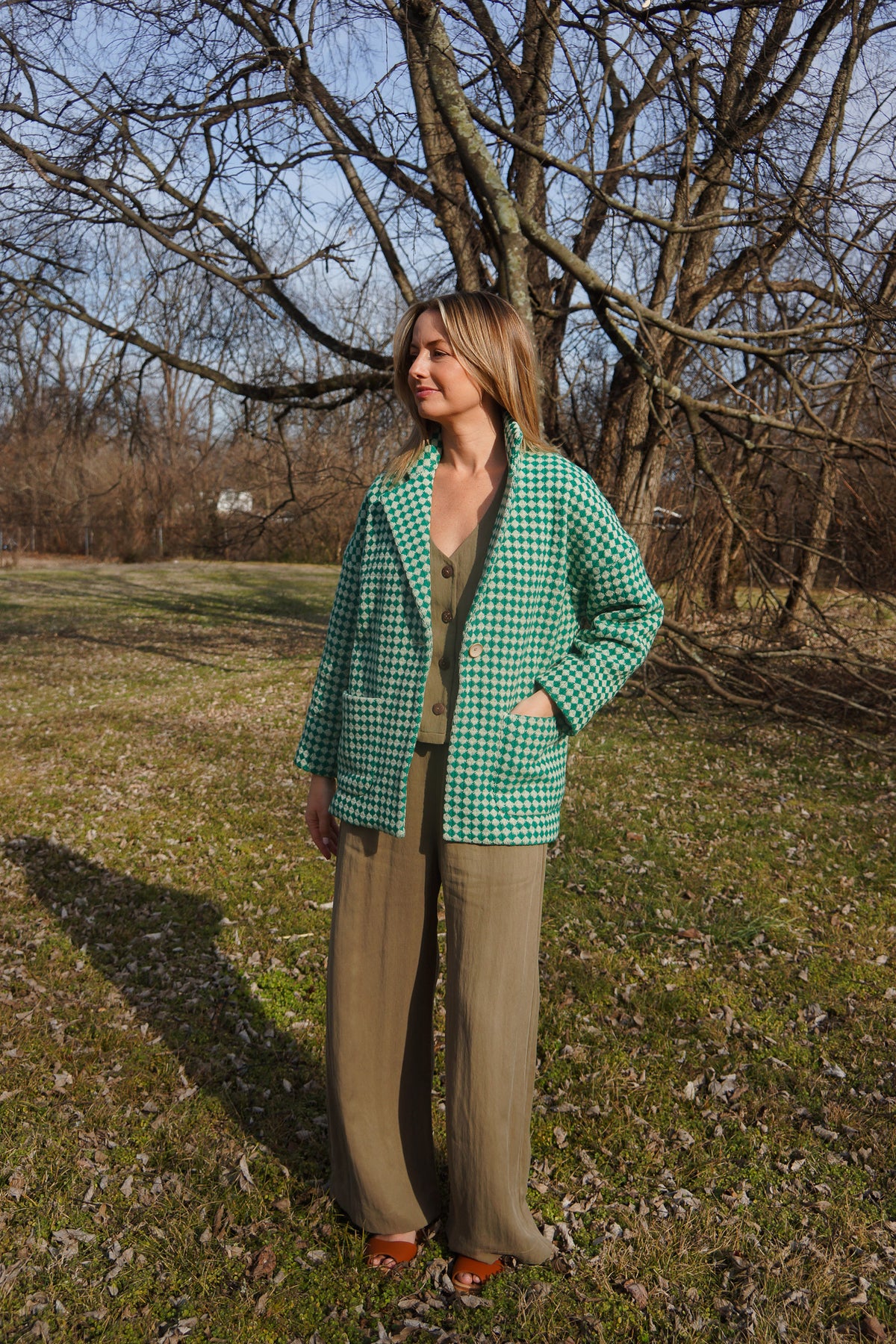 Portuguese Wool Pieper Coat in Green and Cream Check Made to Order February