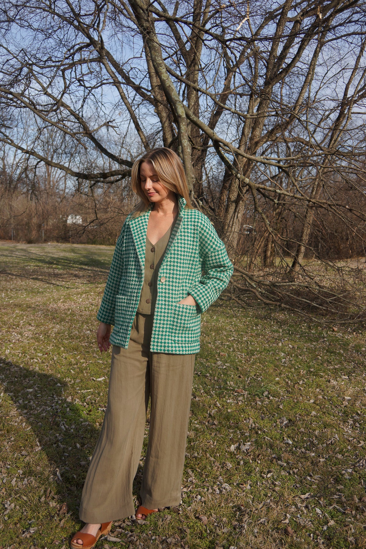 Portuguese Wool Pieper Coat in Green and Cream Check Made to Order February