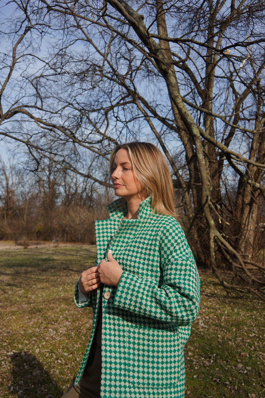 Portuguese Wool Pieper Coat in Green and Cream Check Made to Order