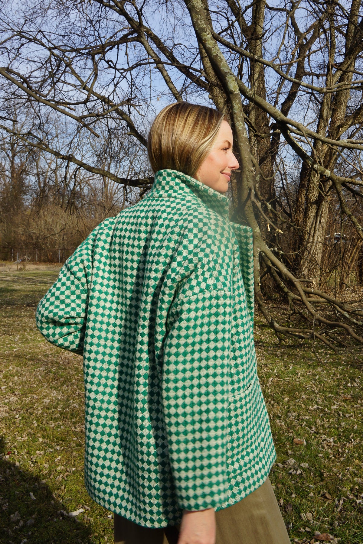 Portuguese Wool Pieper Coat in Green and Cream Check Made to Order February