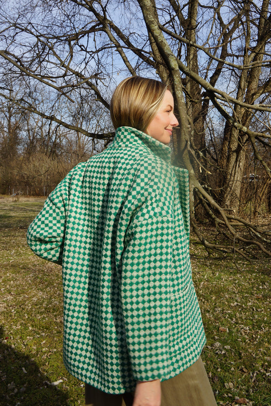 Portuguese Wool Pieper Coat in Green and Cream Check Made to Order