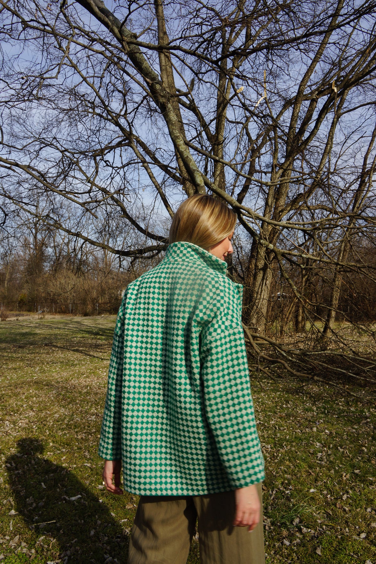 Portuguese Wool Pieper Coat in Green and Cream Check Made to Order February