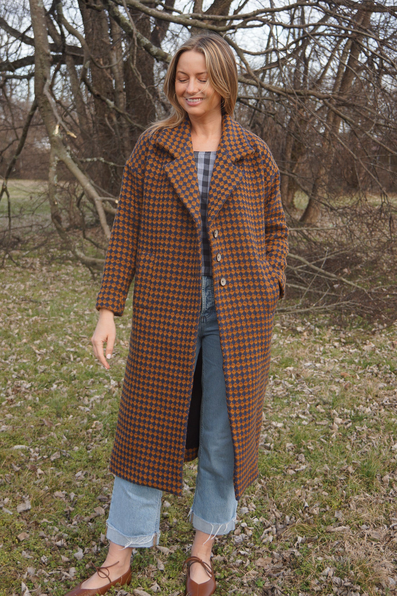 Portuguese Wool Polly Coat in Brown and Navy Check Made to Order