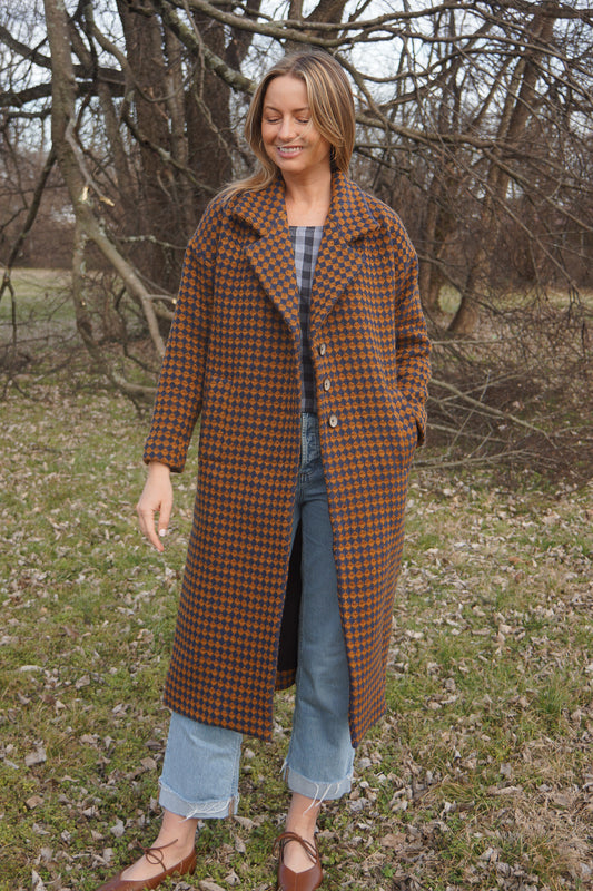 Portuguese Wool Polly Coat in Brown and Navy Check Made to Order February