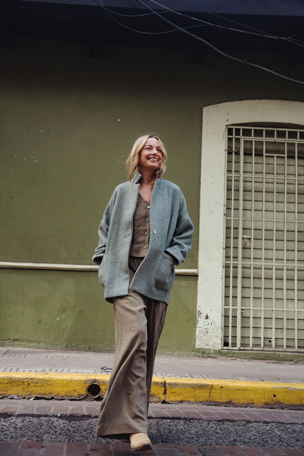 Portuguese Wool Pieper Coat in Teal and Cream Thin Stripe Made to Order