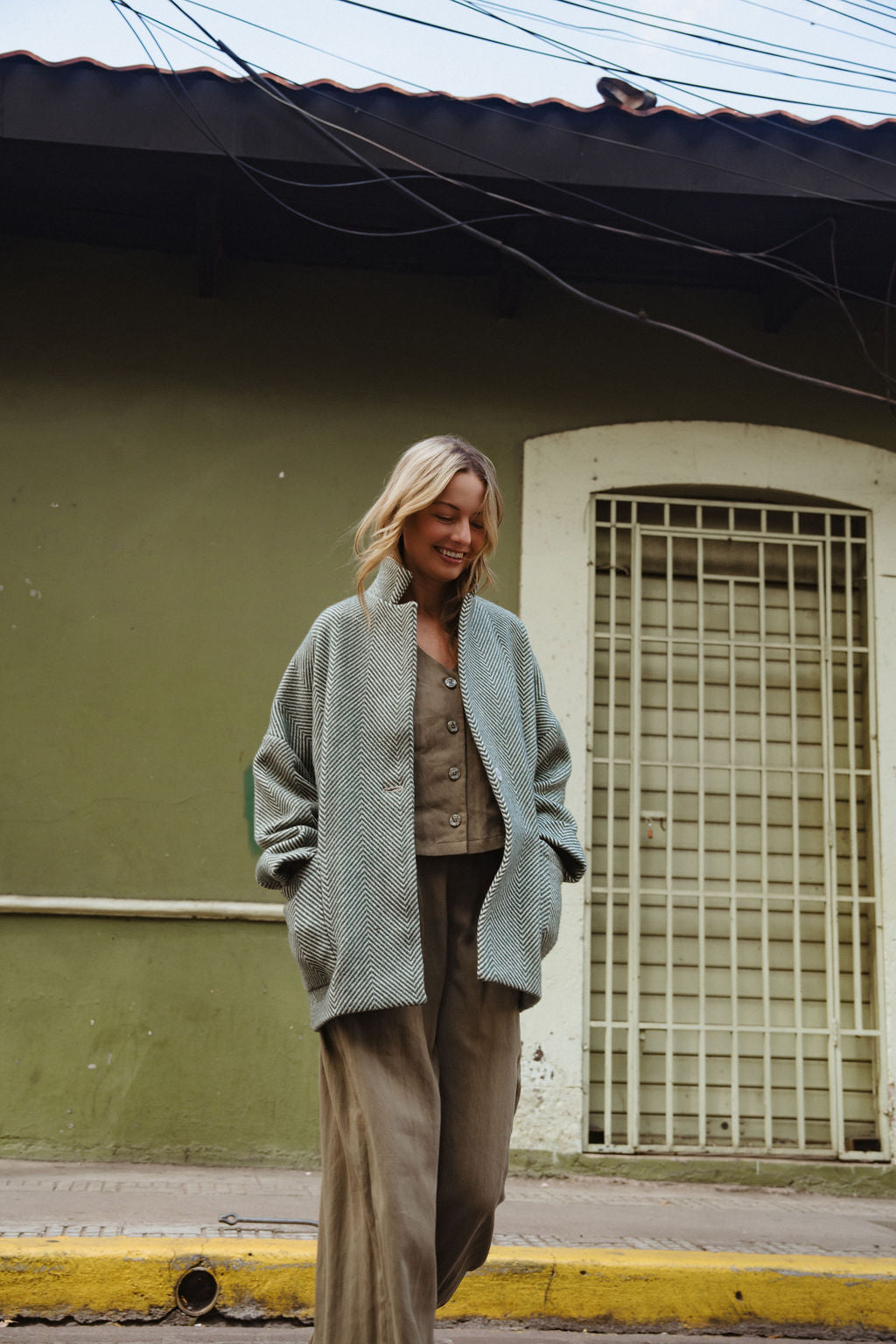 Portuguese Wool Pieper Coat in Teal and Cream Thin Stripe Made to Order