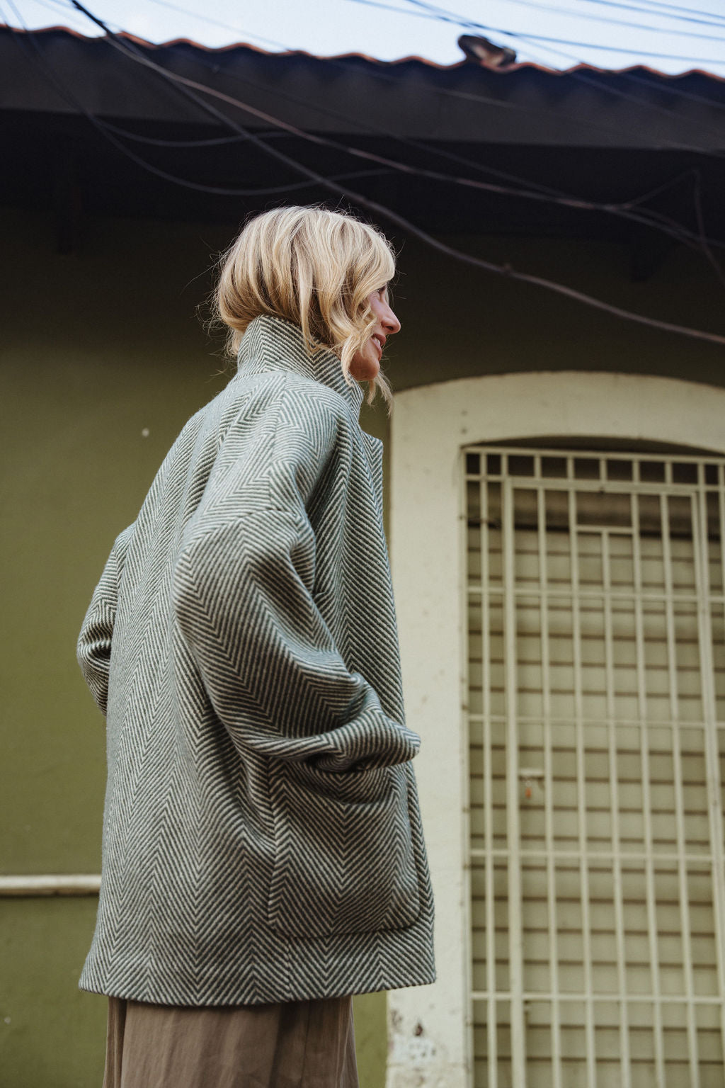 Portuguese Wool Pieper Coat in Teal and Cream Thin Stripe Made to Order