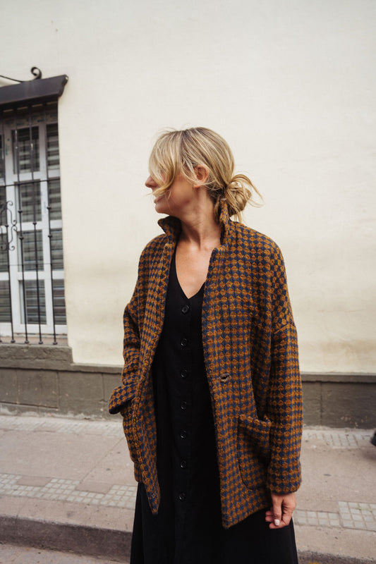 Portuguese Wool Pieper Coat in Brown and Navy Small Check Made to Order