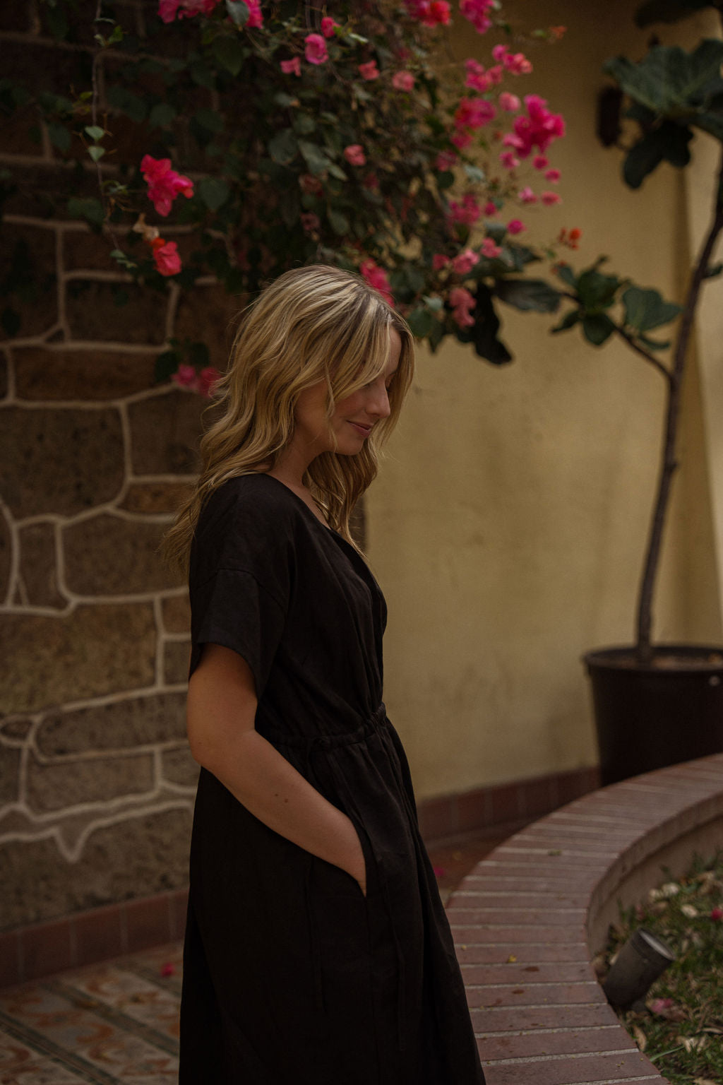 Rose Drawstring Dress in Dark Brown Linen