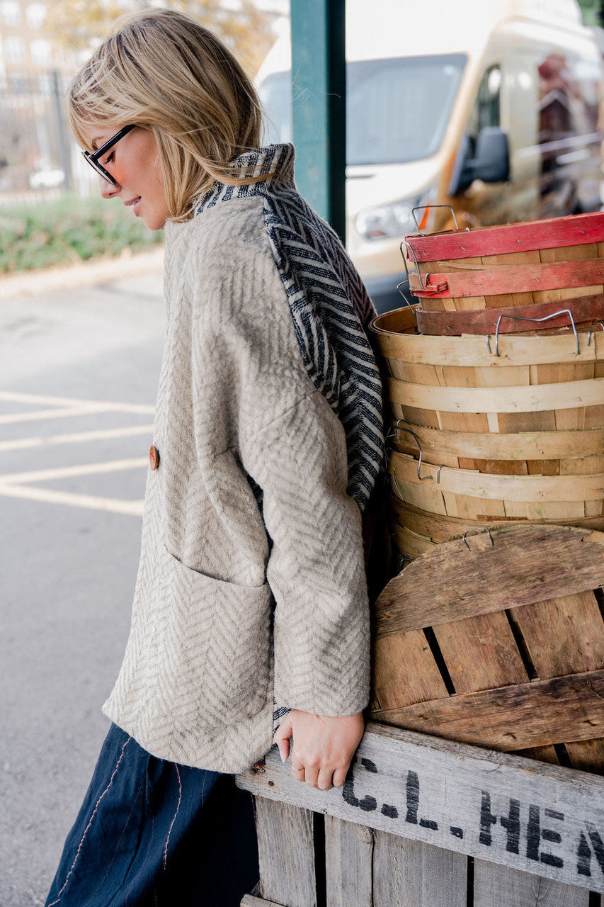 Portuguese Wool Pieper Coat in Neutral Mix-Match Herringbone - Pre-Order 1/30