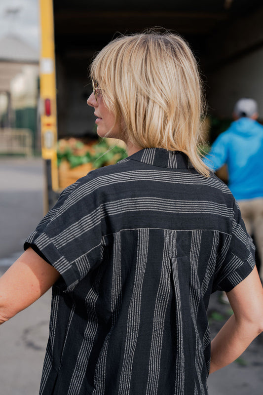 Paula Handwoven Cotton Tunic Dress in Black and White Stripe - Pre-Order 2/30