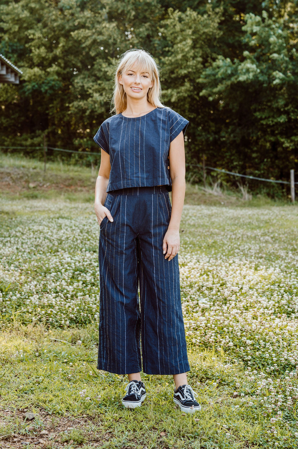 Katie Handwoven Cotton Crop Set in Navy Pin Stripe - Pre-Order 2/30