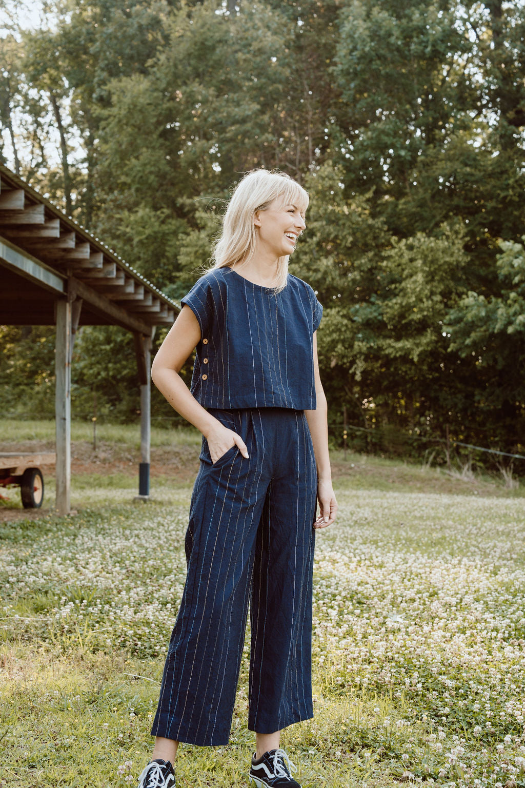 Katie Handwoven Cotton Crop Set in Navy Pin Stripe - Pre-Order 2/30