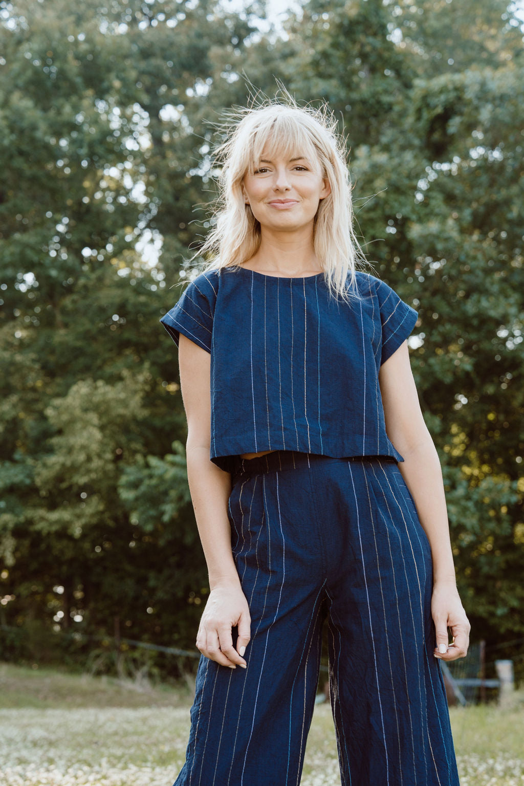 Katie Handwoven Cotton Crop Set in Navy Pin Stripe - Pre-Order 2/30