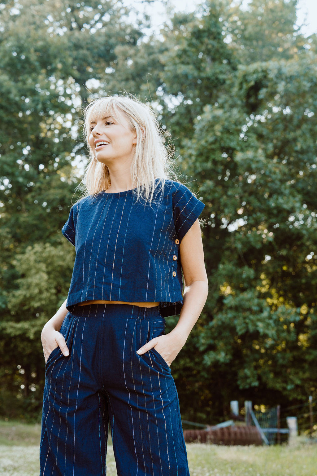 Katie Handwoven Cotton Crop Set in Navy Pin Stripe - Pre-Order 2/30