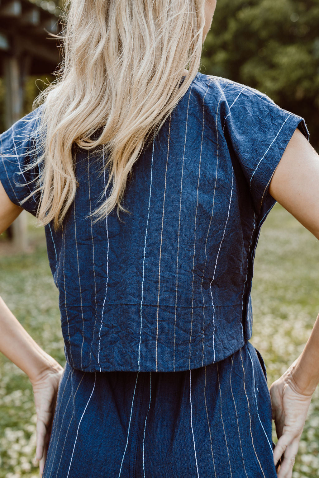 Katie Handwoven Cotton Crop Set in Navy Pin Stripe - Pre-Order 2/30