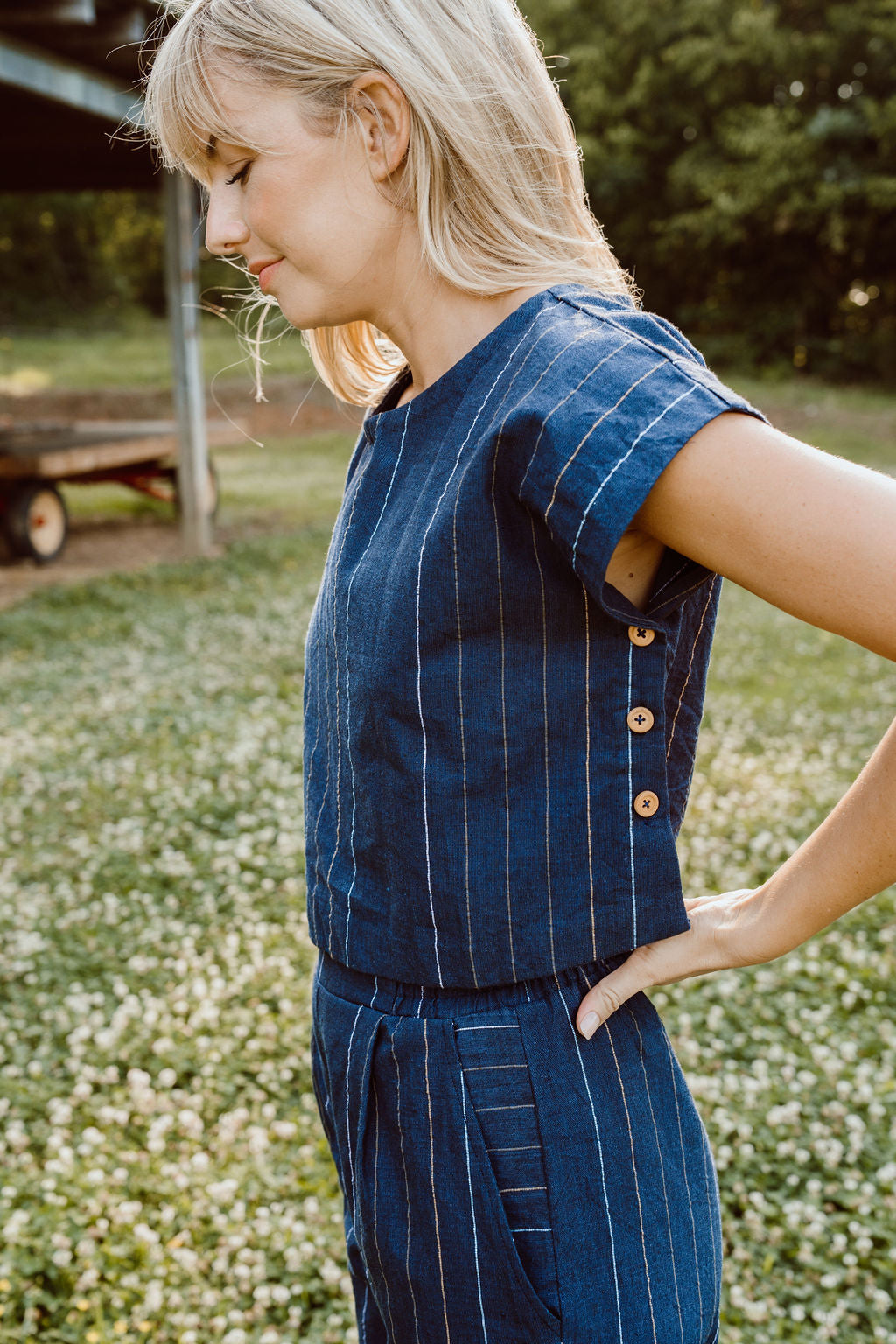 Katie Handwoven Cotton Crop Set in Navy Pin Stripe - Pre-Order 2/30