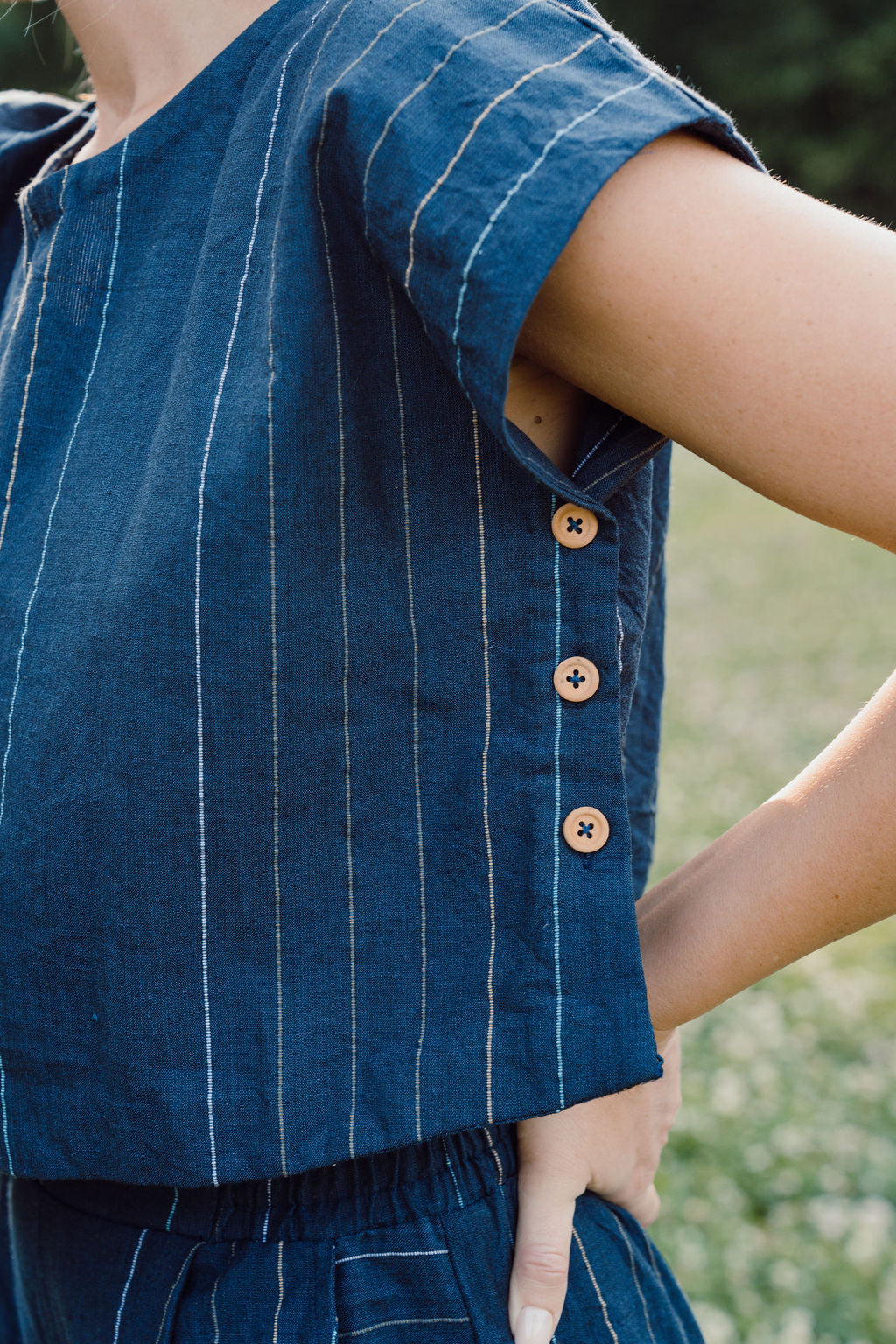 Katie Handwoven Cotton Crop Set in Navy Pin Stripe - Pre-Order 2/30