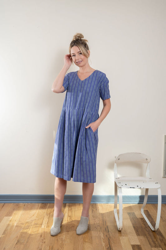 Eloise Handwoven Cotton Dress Sample in Periwinkle and Kelly Green S