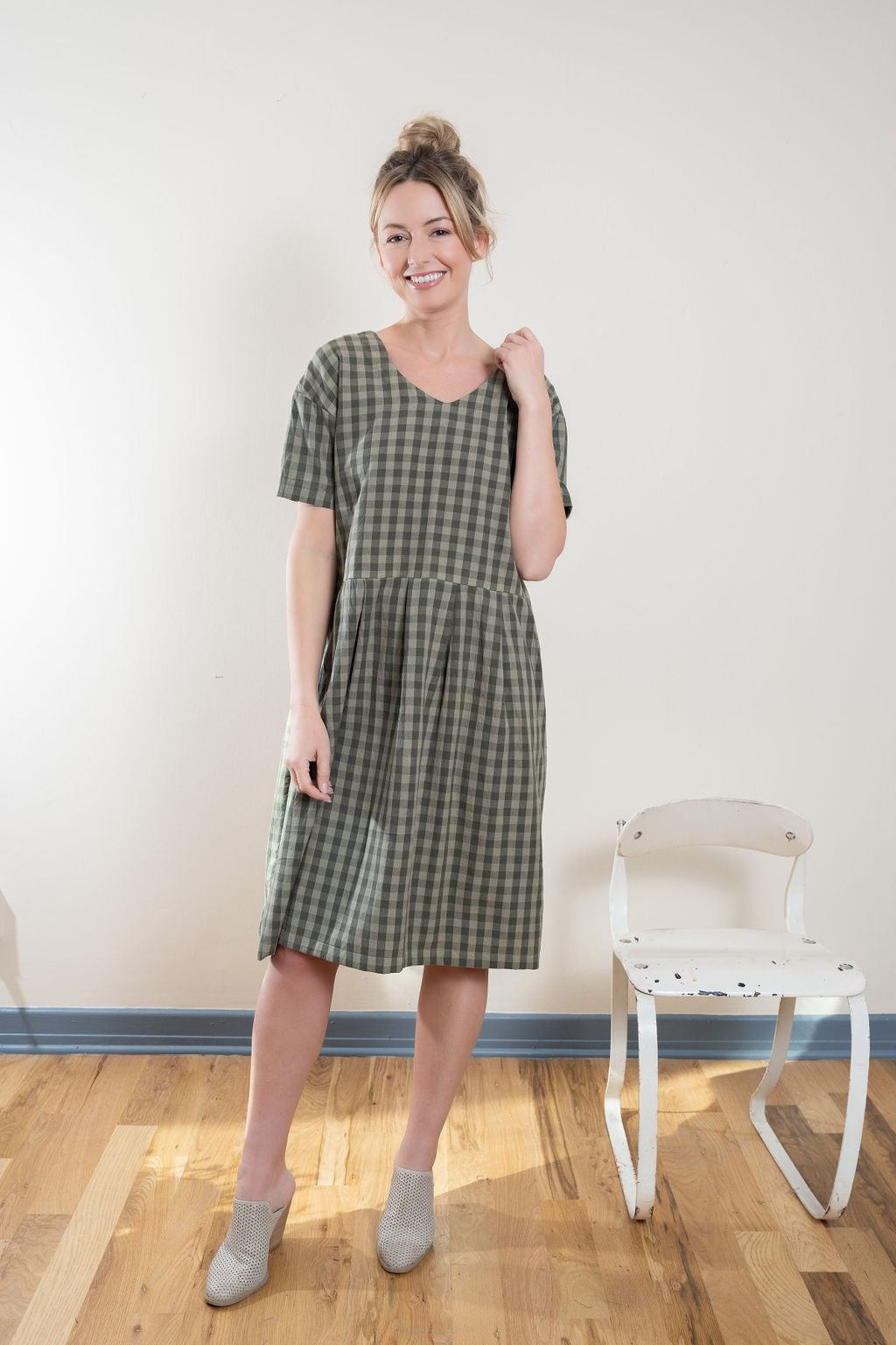 Eloise Handwoven Cotton Dress in Green Gingham